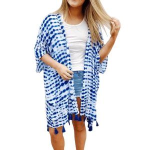 Mud Pie Kimono Caitlin Boho Swim Beach Cover Up Blue White Tie Dye Tassel OS